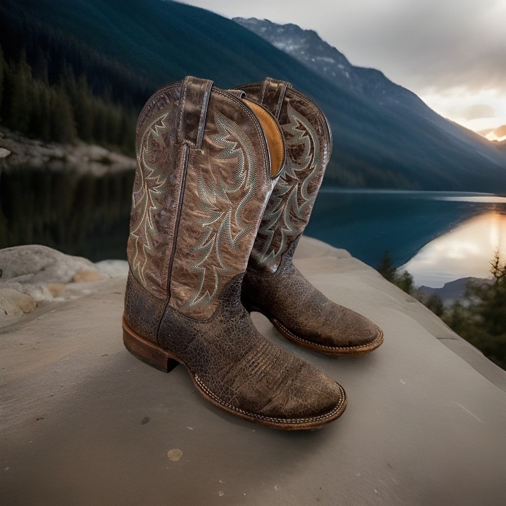 Women's Nocona Leather Cowboy Boots Dark Brown Teal Stitching 7.5 Western‎ USA